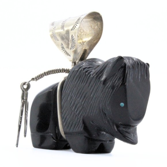 Vintage Zuni Buffalo Fetish Sculpted Onyx 2" Large Sterling Silver Pendant - Picture 2 of 9